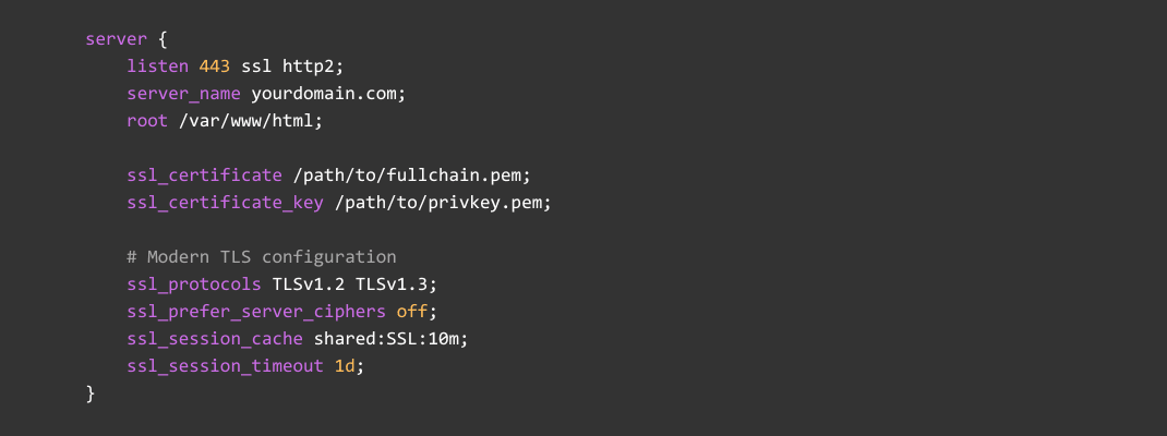 Nginx server block configuration for enabling SSL/TLS. The code includes SSL certificate and private key paths, along with modern TLS security settings such as supported protocols, session caching, and timeout settings