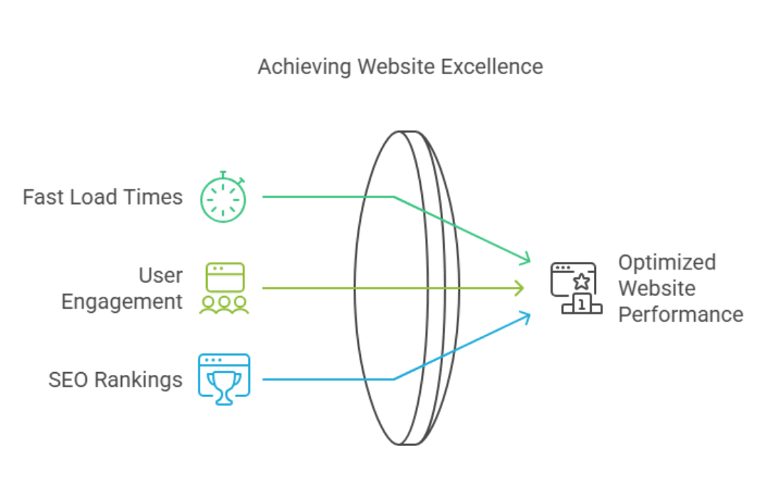 Diagram illustrating key factors for achieving optimized website performance, including fast load times, user engagement, and improved SEO rankings