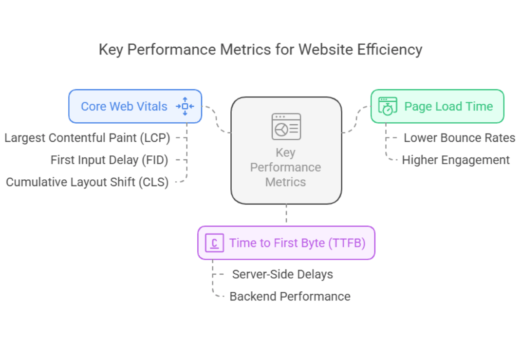 Diagram outlining key performance metrics for website efficiency, including Core Web Vitals (LCP, FID, CLS), Page Load Time, and Time to First Byte (TTFB)