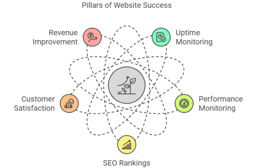 Diagram illustrating the key pillars of website success, including uptime monitoring, performance monitoring, SEO rankings, customer satisfaction, and revenue improvement