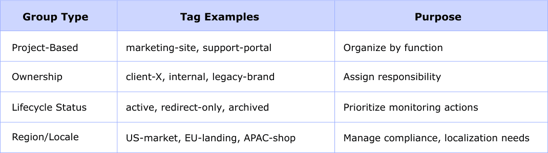 Table illustrating domain grouping types with tag examples and their purposes, including project-based, ownership, lifecycle status, and region-based grouping
